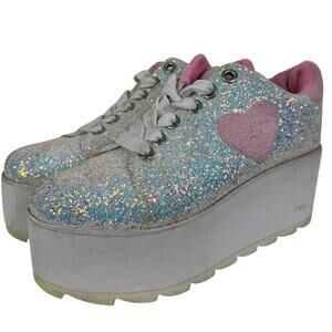 YRU Lala Glitter Sparkle Pink Heart Platform Rave Sneakers White Size 7